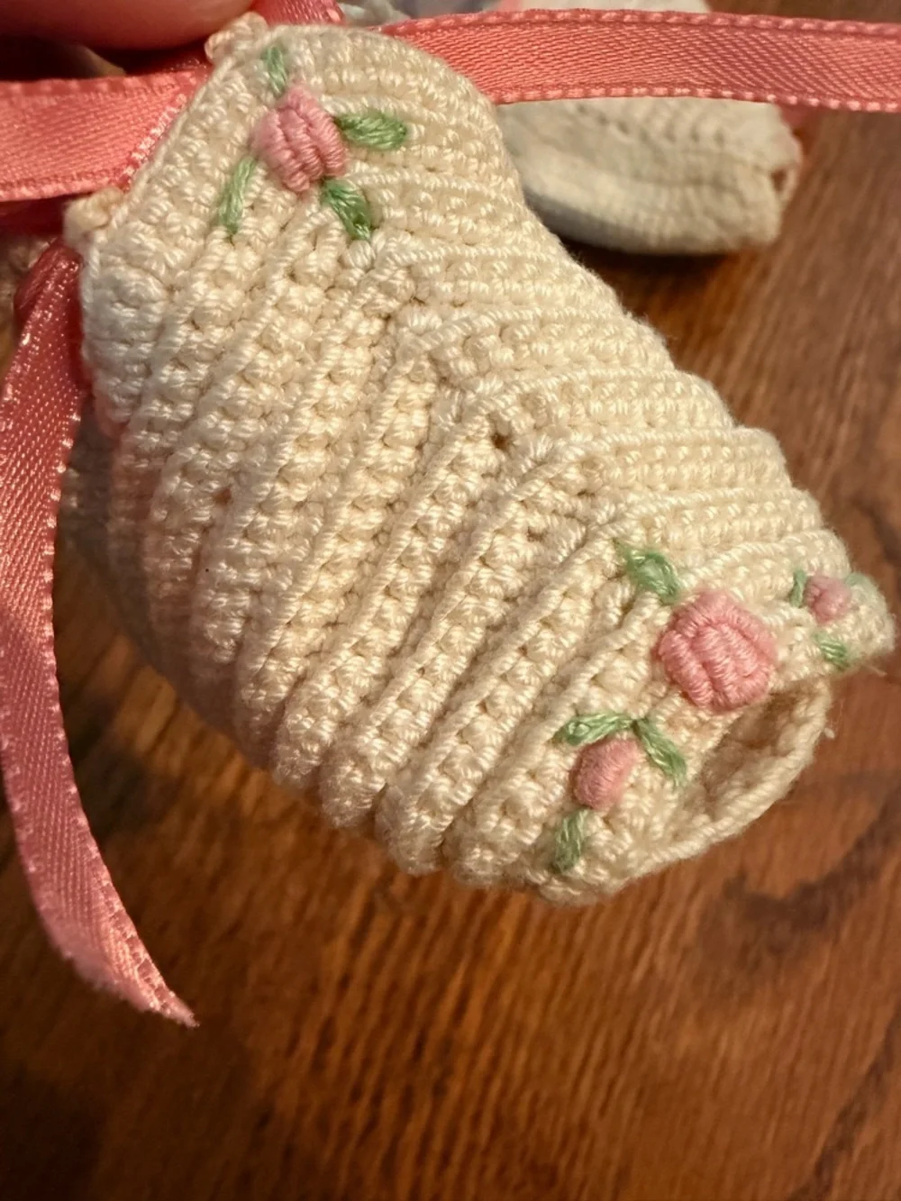 Handmade Cream Baby Booties with Pink Ribbon